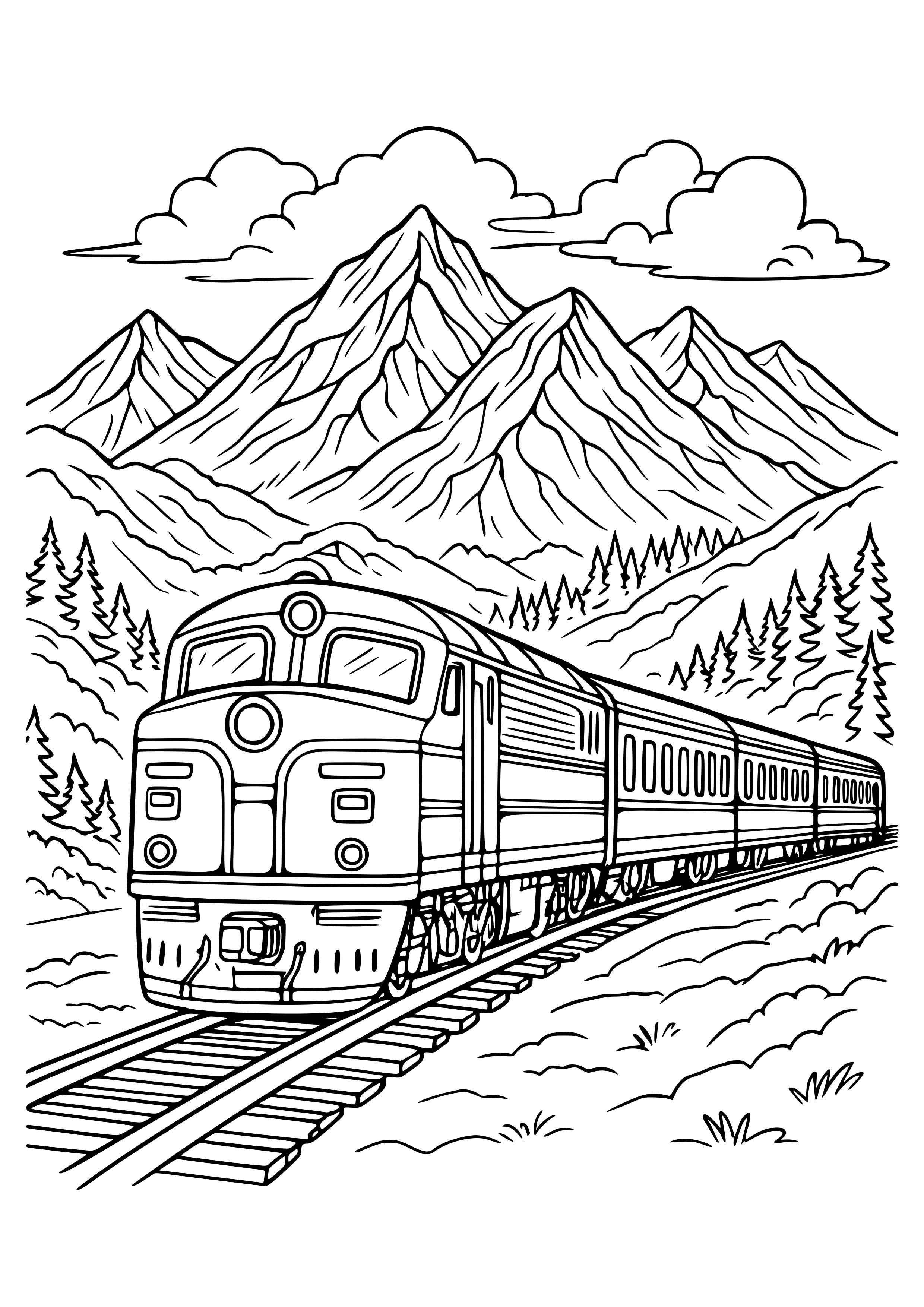 Train with Scenic Mountains in the Background Coloring Page