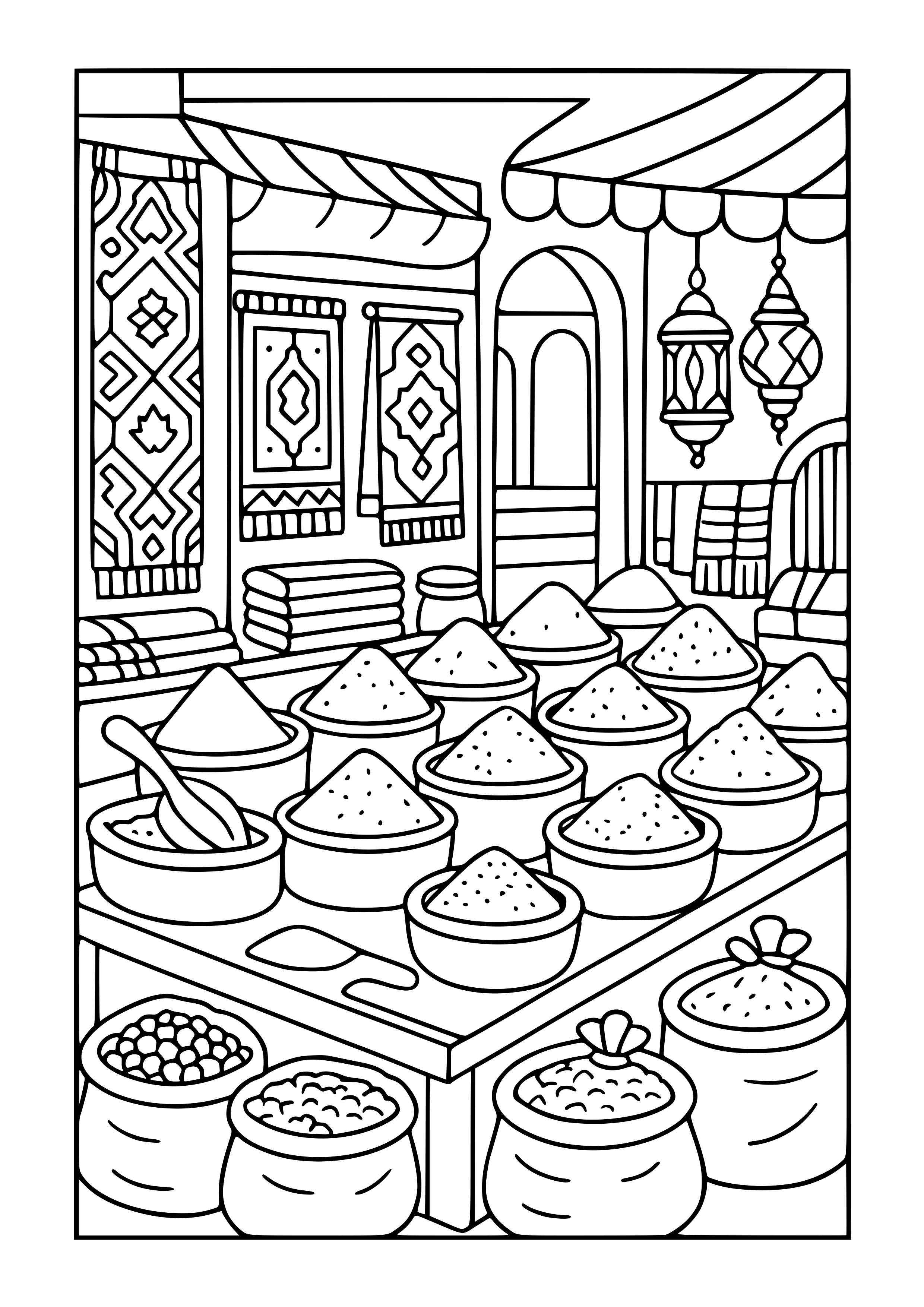 Turkish Bazaars Filled with Spices and Textiles Coloring Page