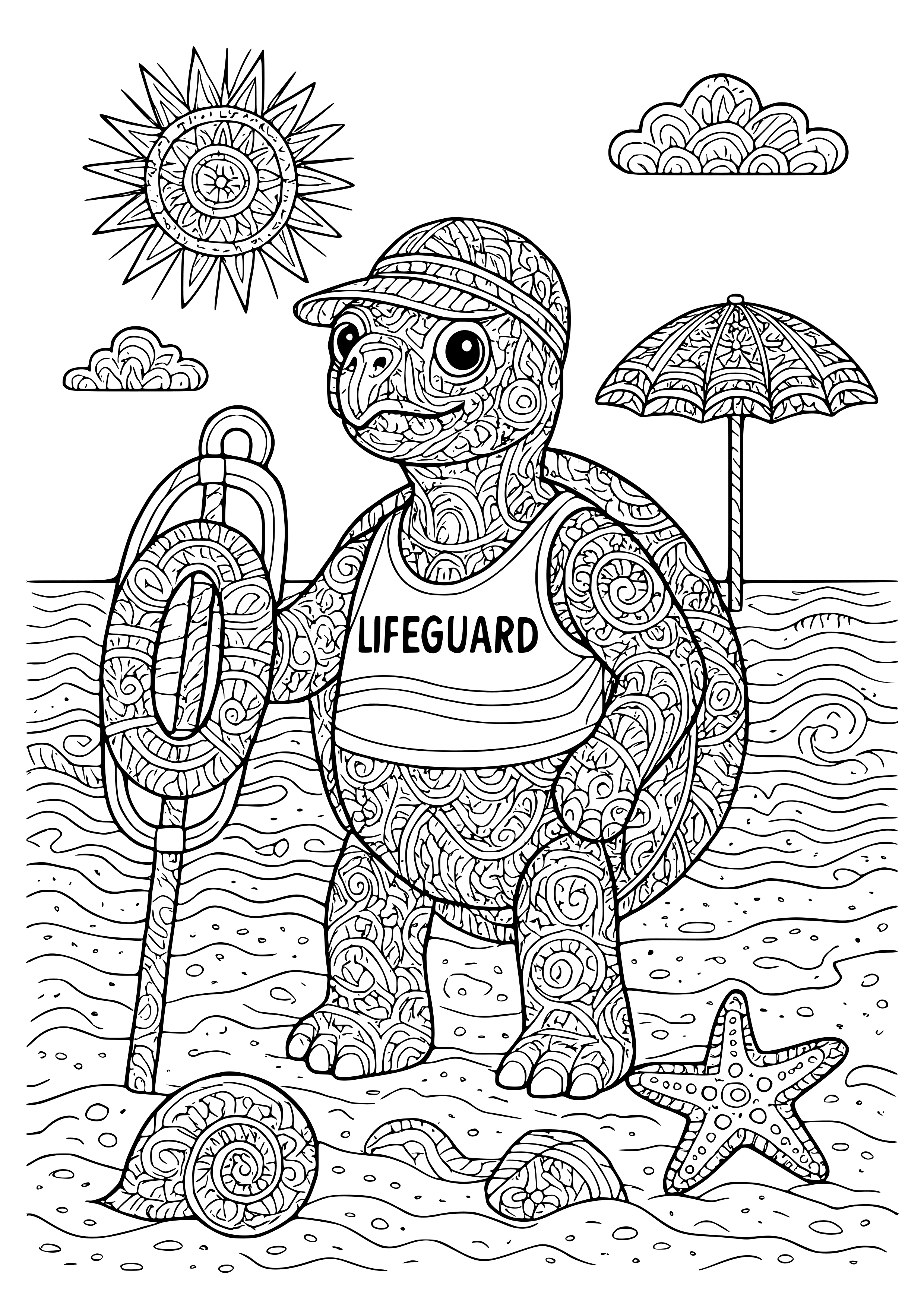 Turtle as a Lifeguard on a Beach Coloring Page