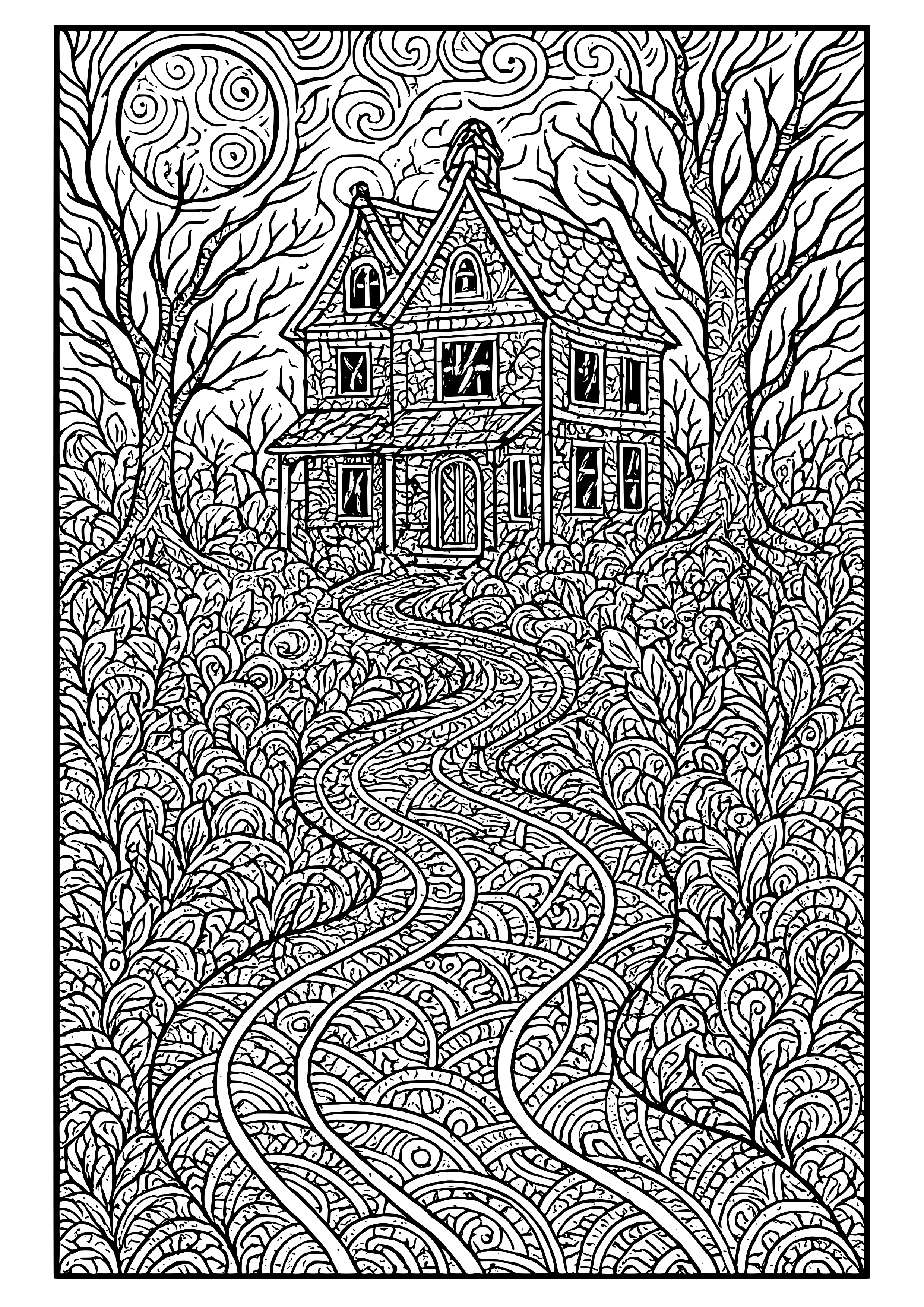 Twisted Path Leading to an Abandoned House Coloring Page