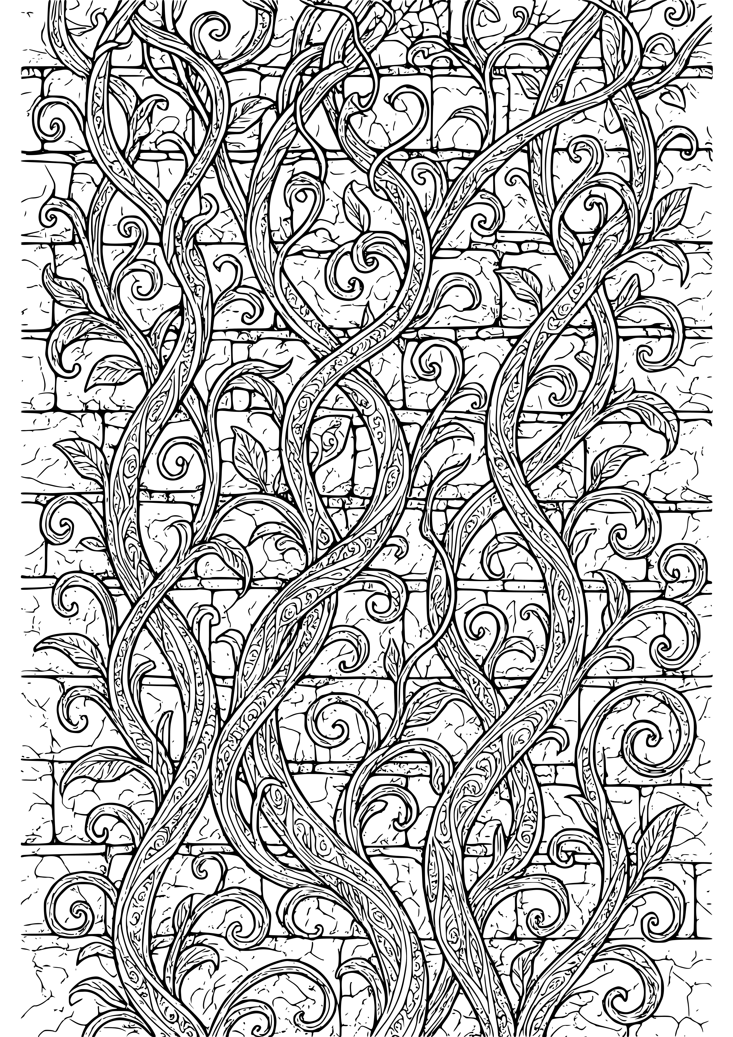 Twisted Vines Climbing an Ancient Stone Wall Coloring Page