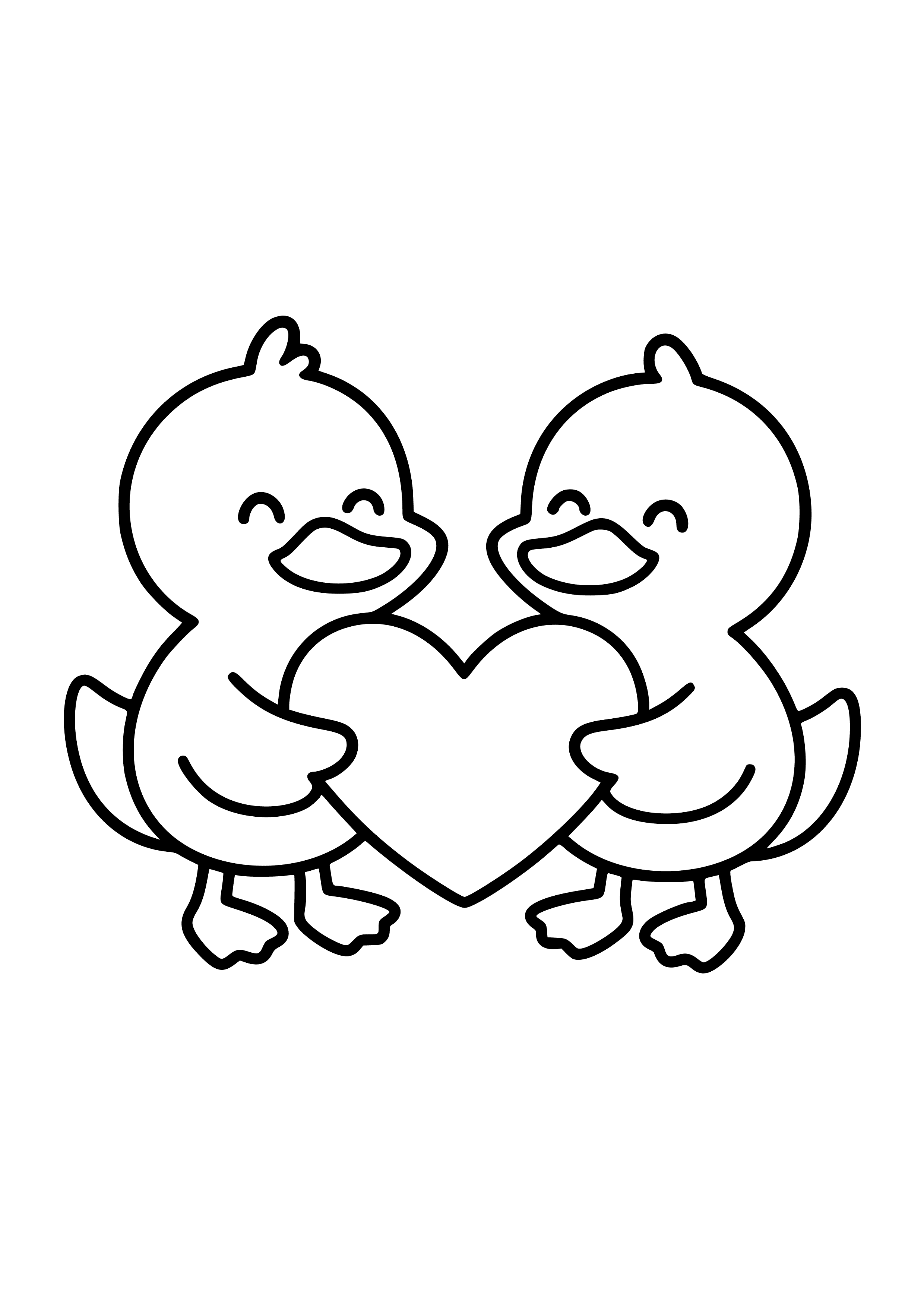 Two Adorable Ducks Sharing a Heart Coloring Page