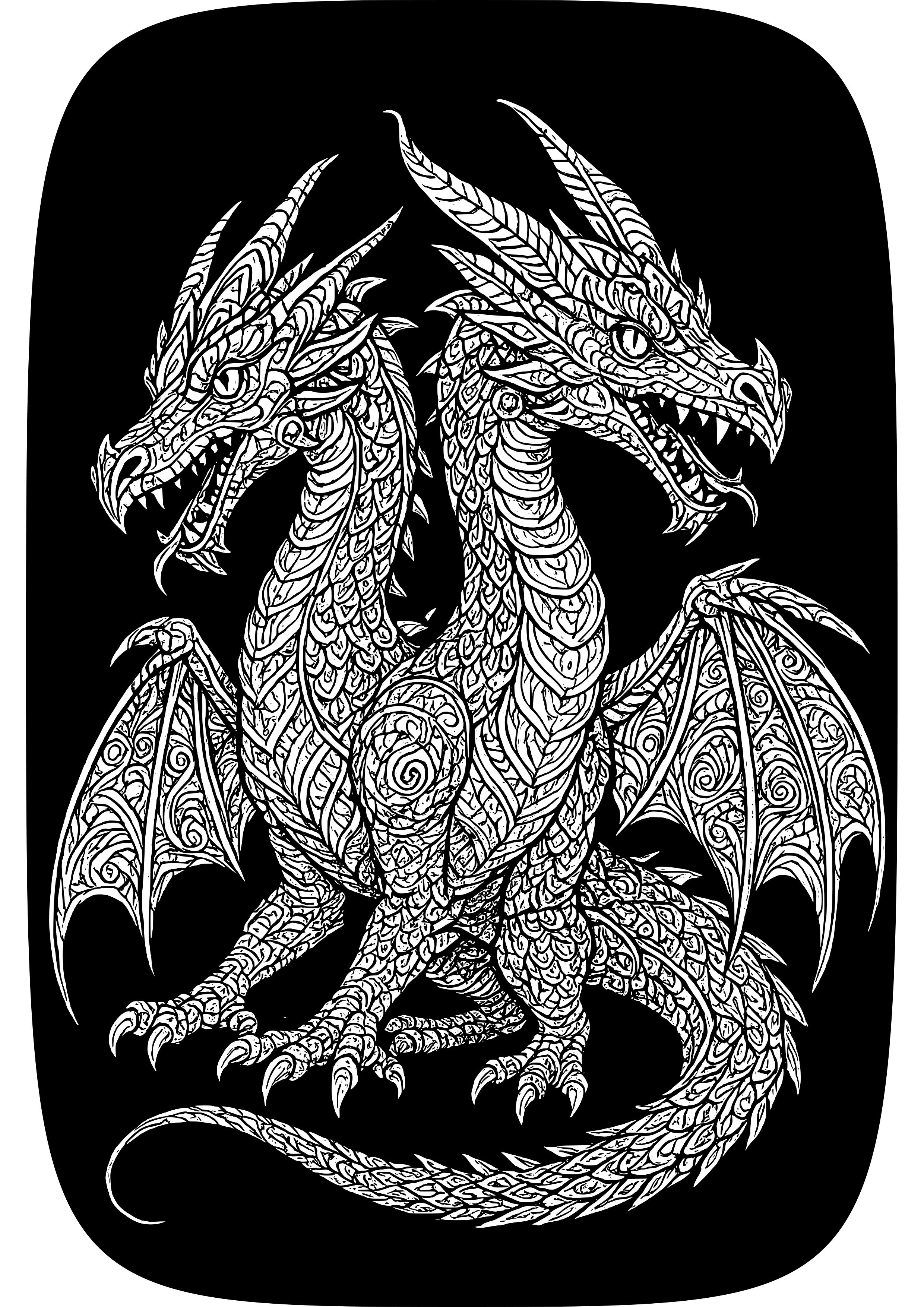 Two-headed Dragon Lurking in Darkness Coloring Page