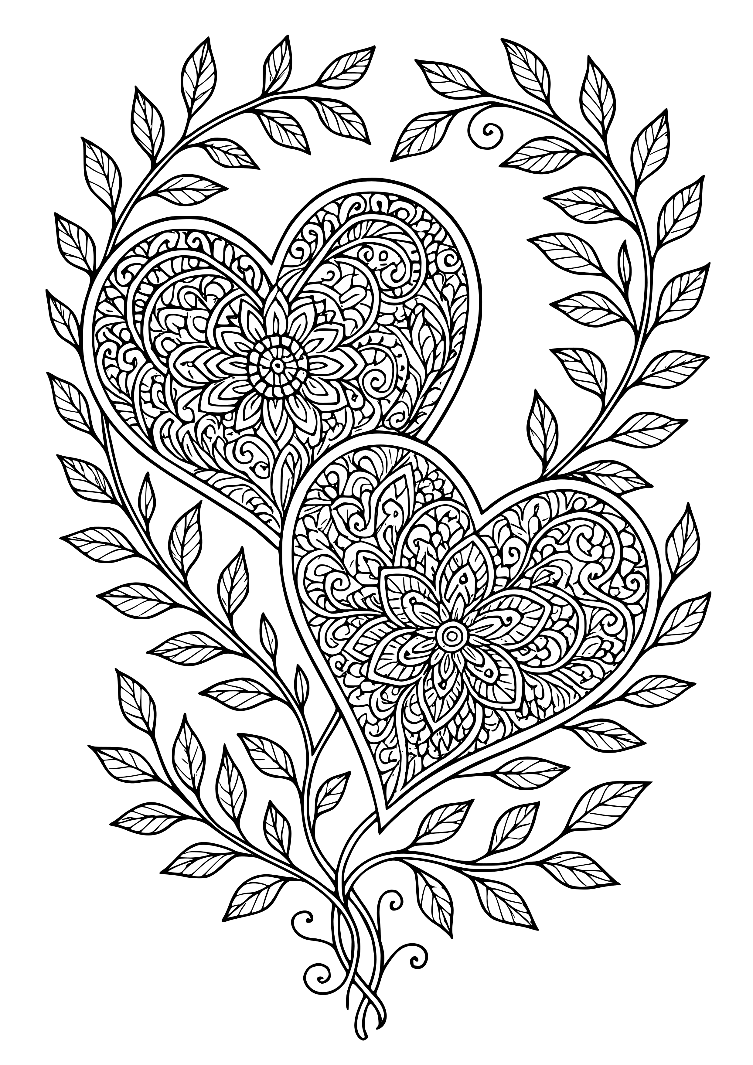 Two Intertwined Hearts with Vines Coloring Page