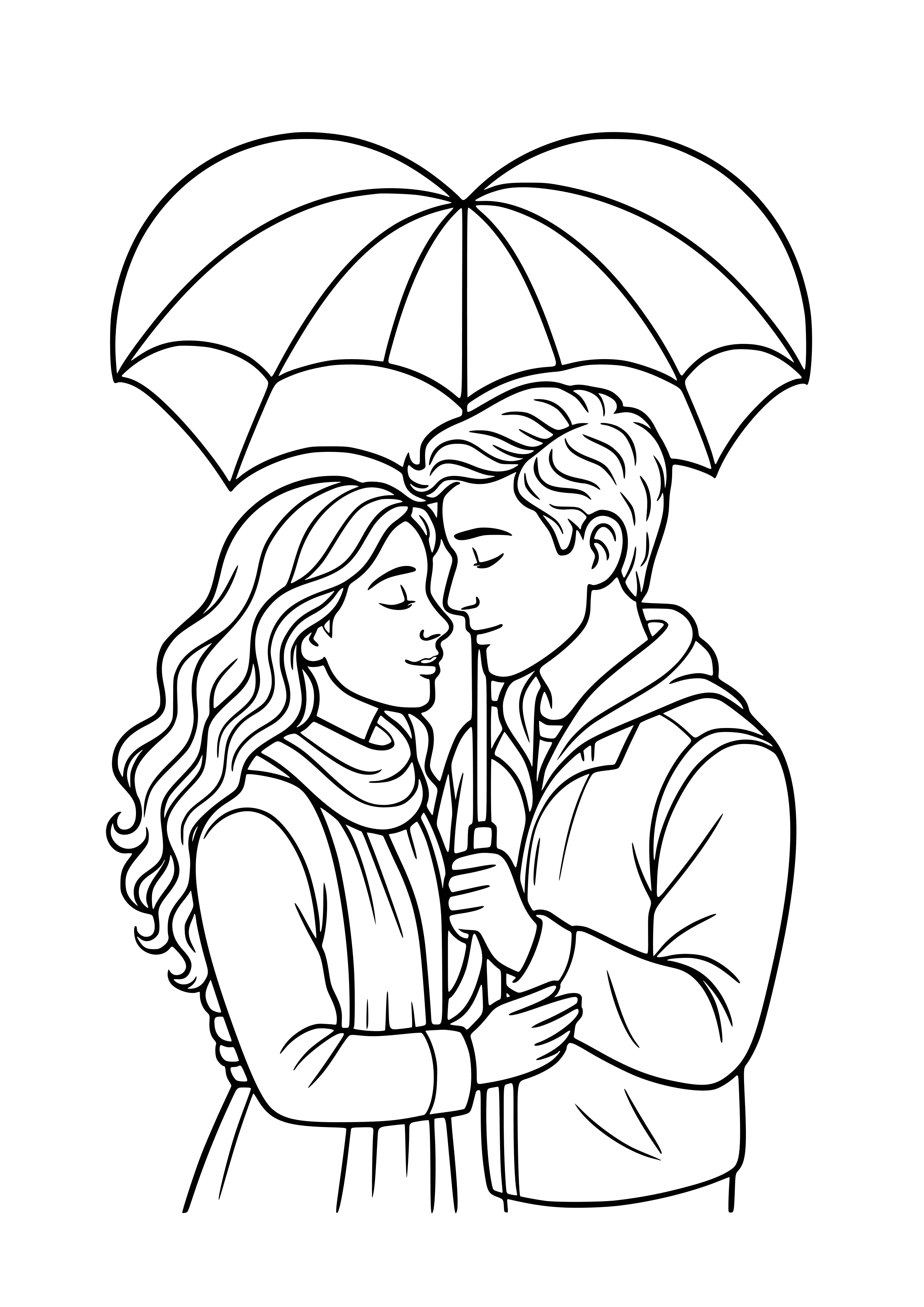 Two Lovers Under a Heart-shaped Umbrella Coloring Page