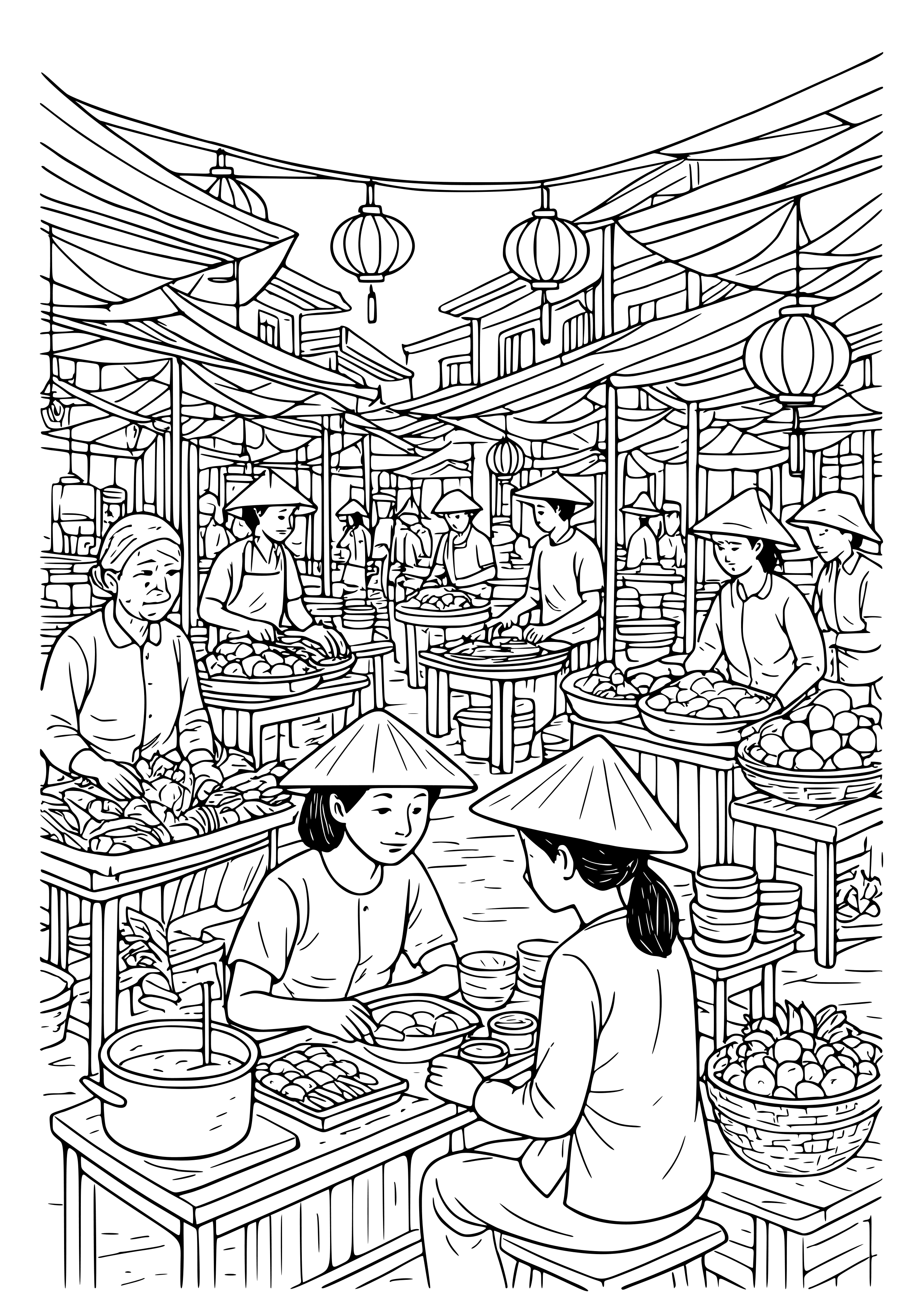Vietnamese Street Market with Food Stalls Coloring Page