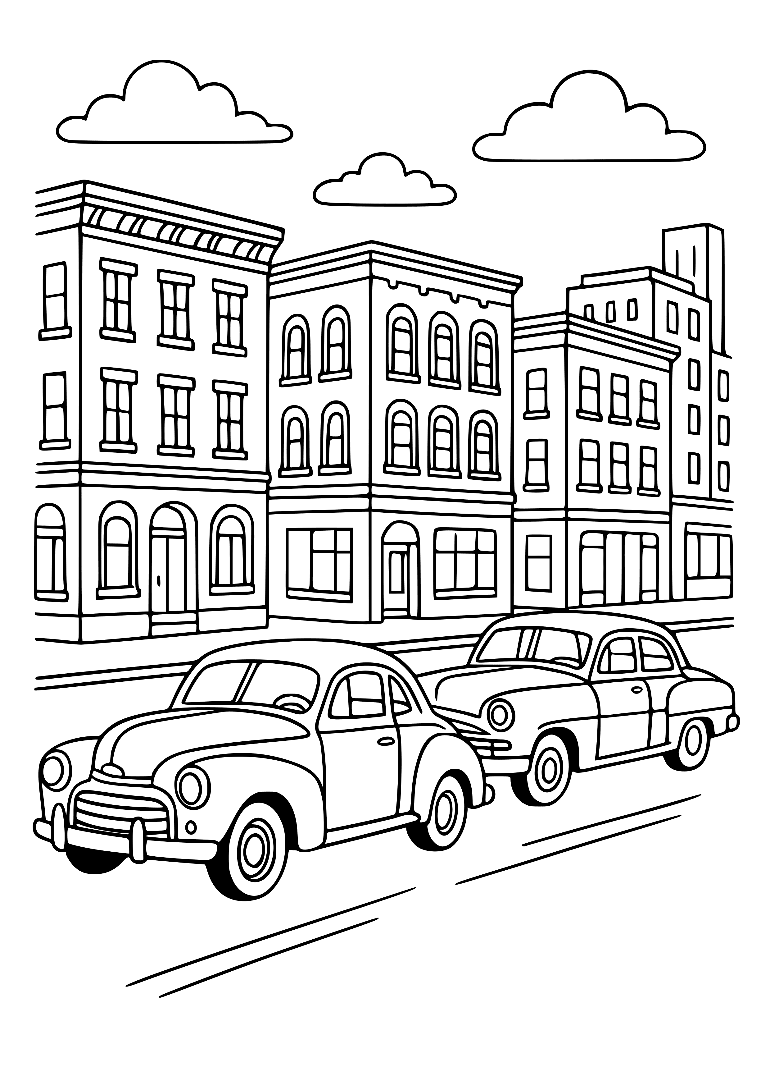 Vintage City with Classic Cars Coloring Page