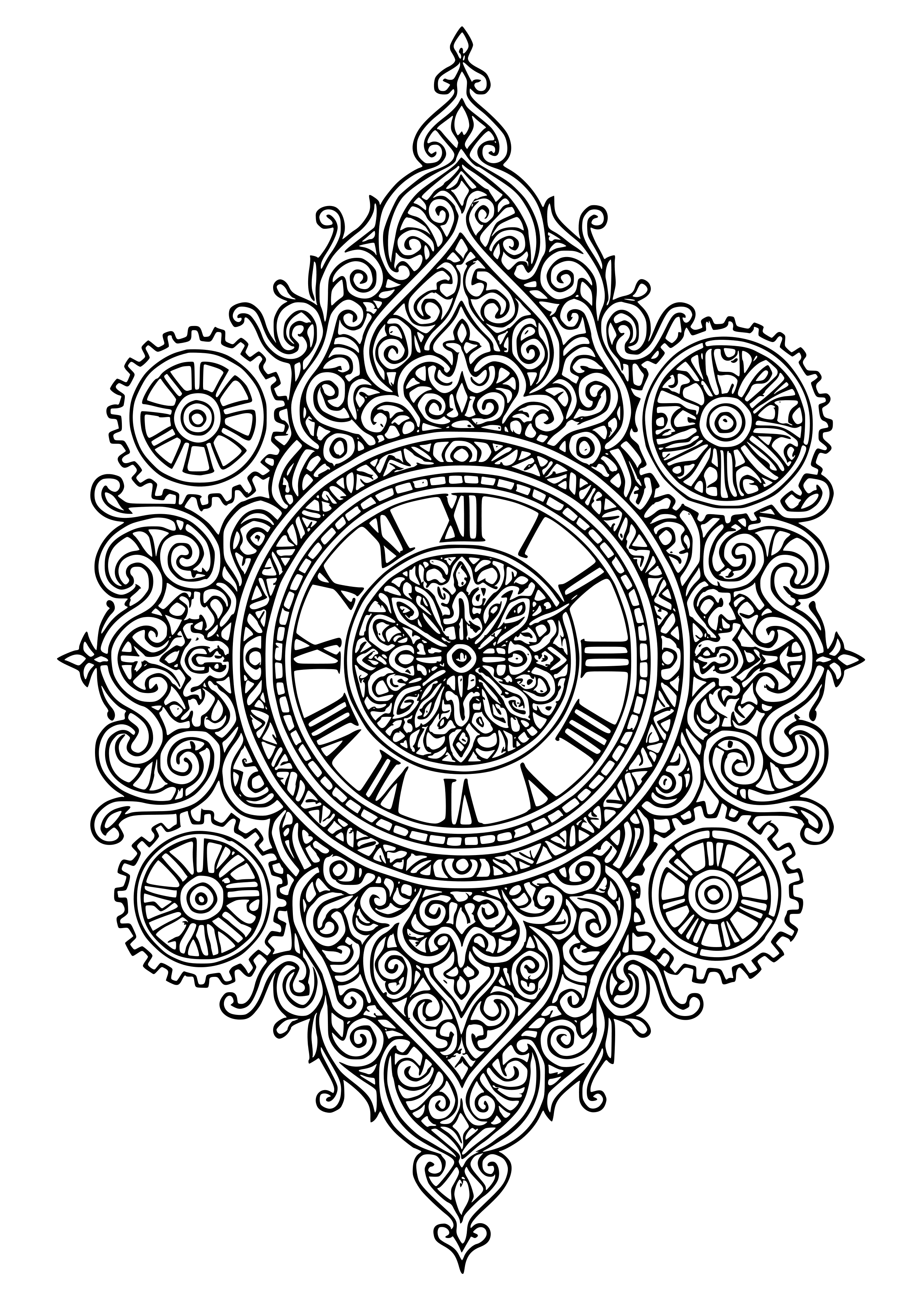 Vintage Gothic Clock with Intricate Gears Coloring Page