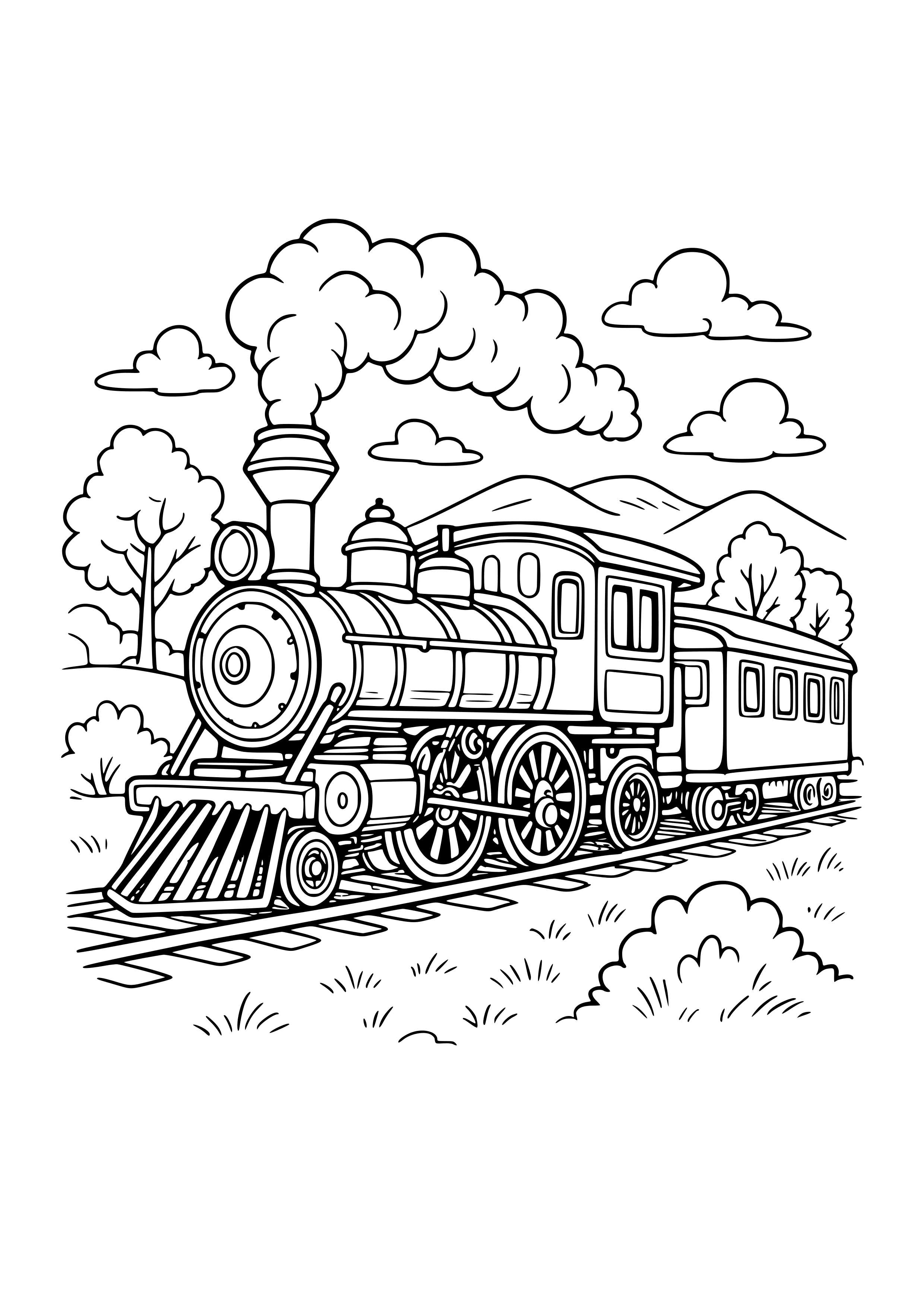 Vintage Train Chugging Through the Landscape Coloring Page
