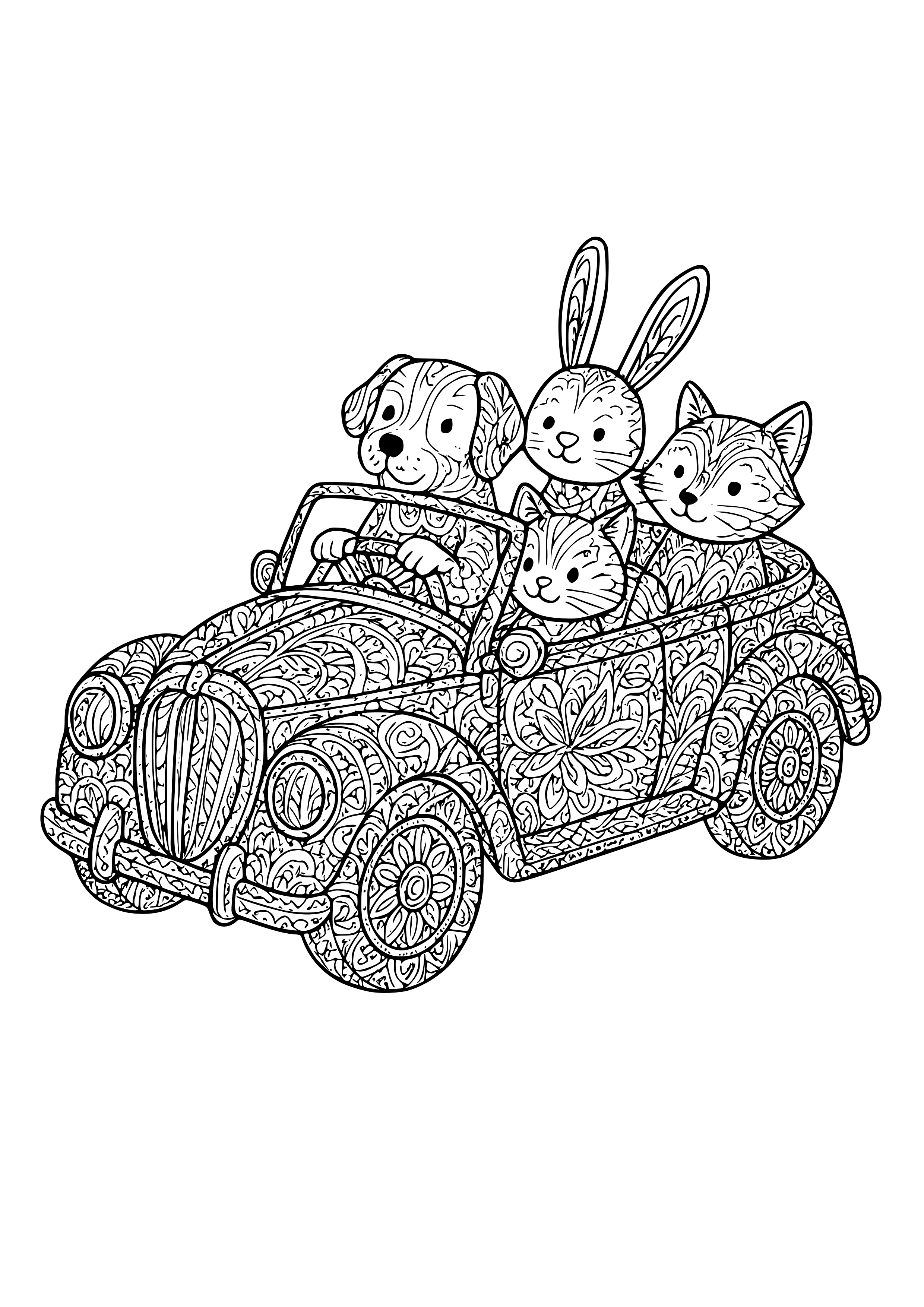 Vintage Vehicle with Playful Animals Coloring Page