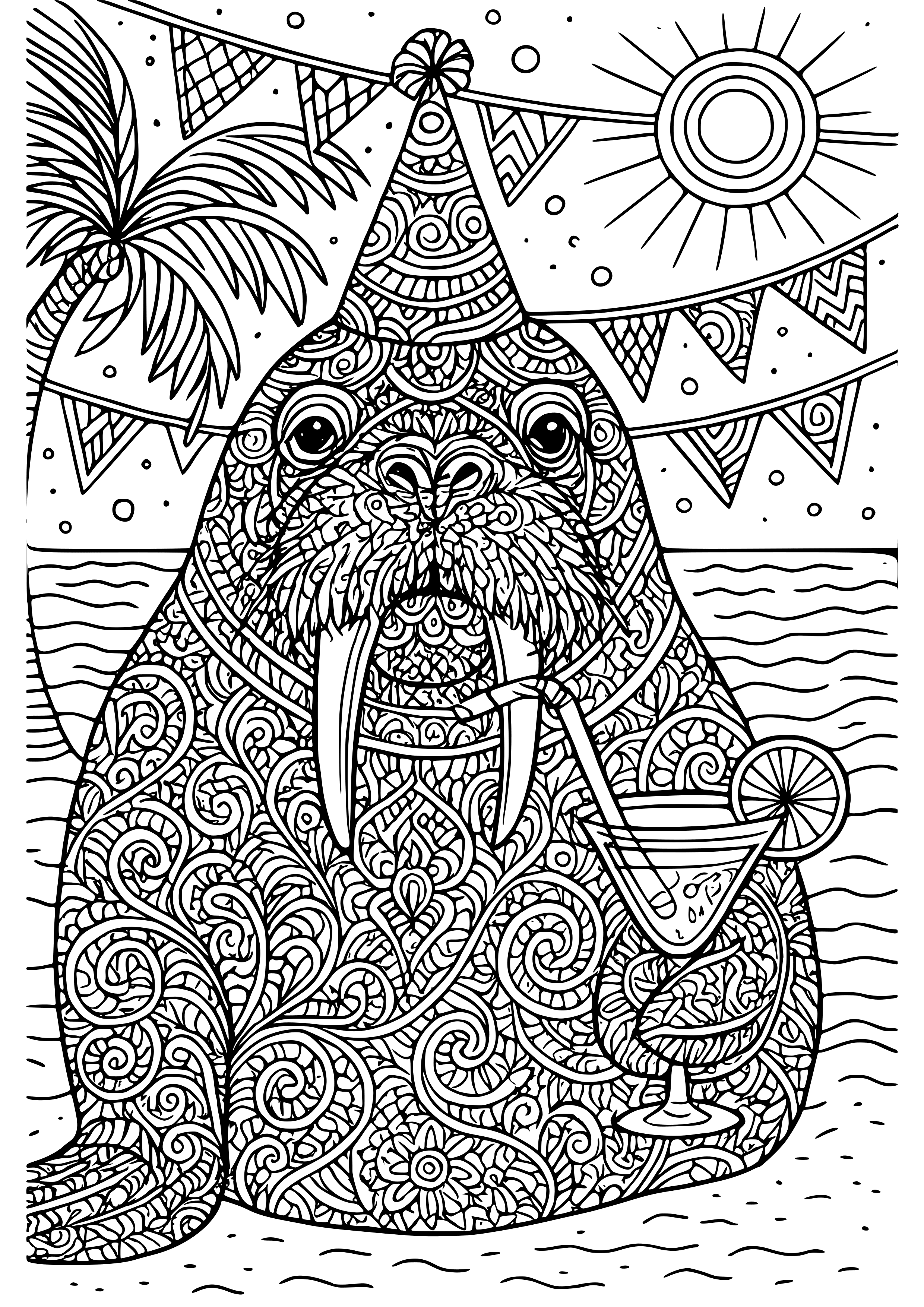 Walrus Sipping a Cocktail at a Beach Party Coloring Page