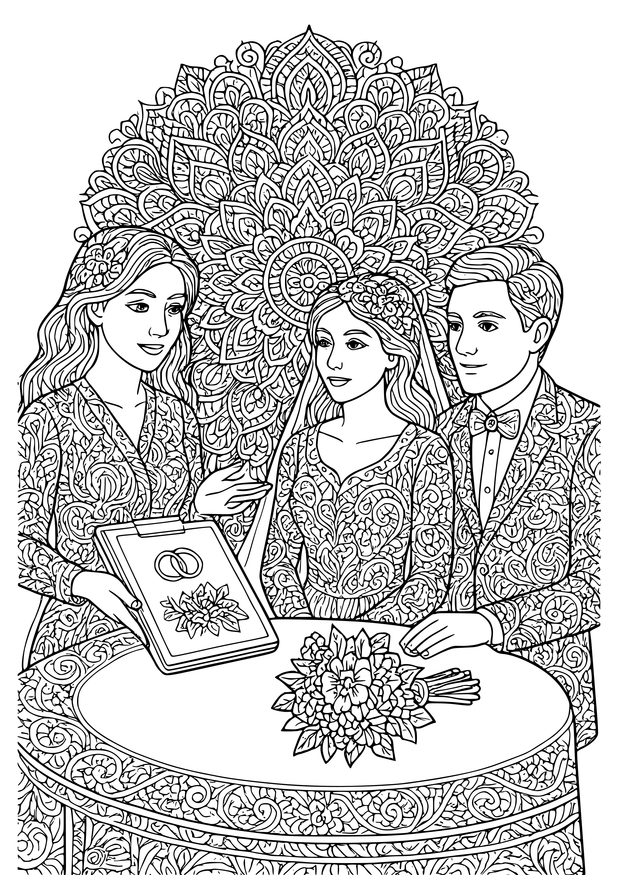 Wedding Planner Discussing Details with a Couple Coloring Page
