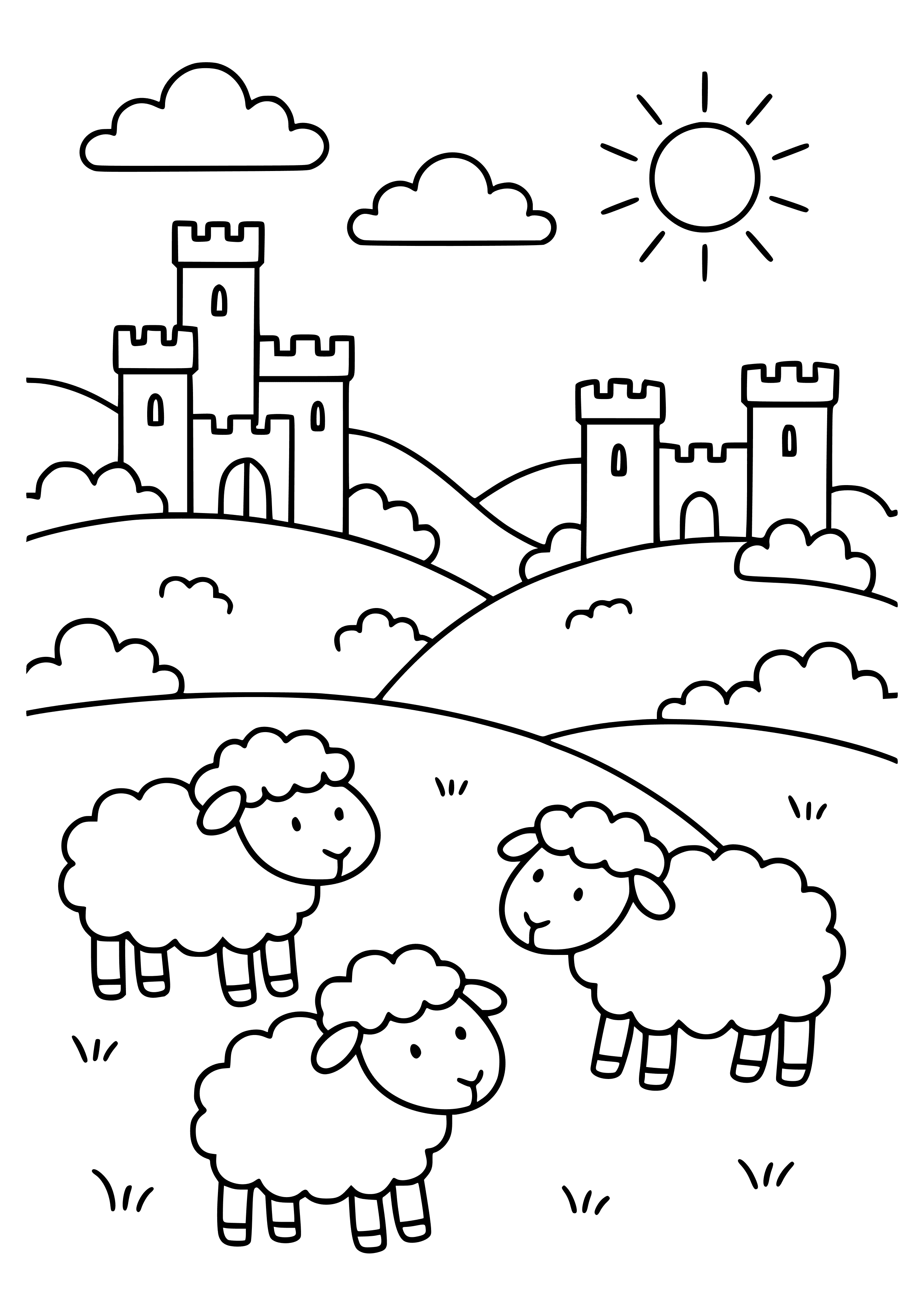 Welsh Countryside with Castles and Sheep Coloring Page