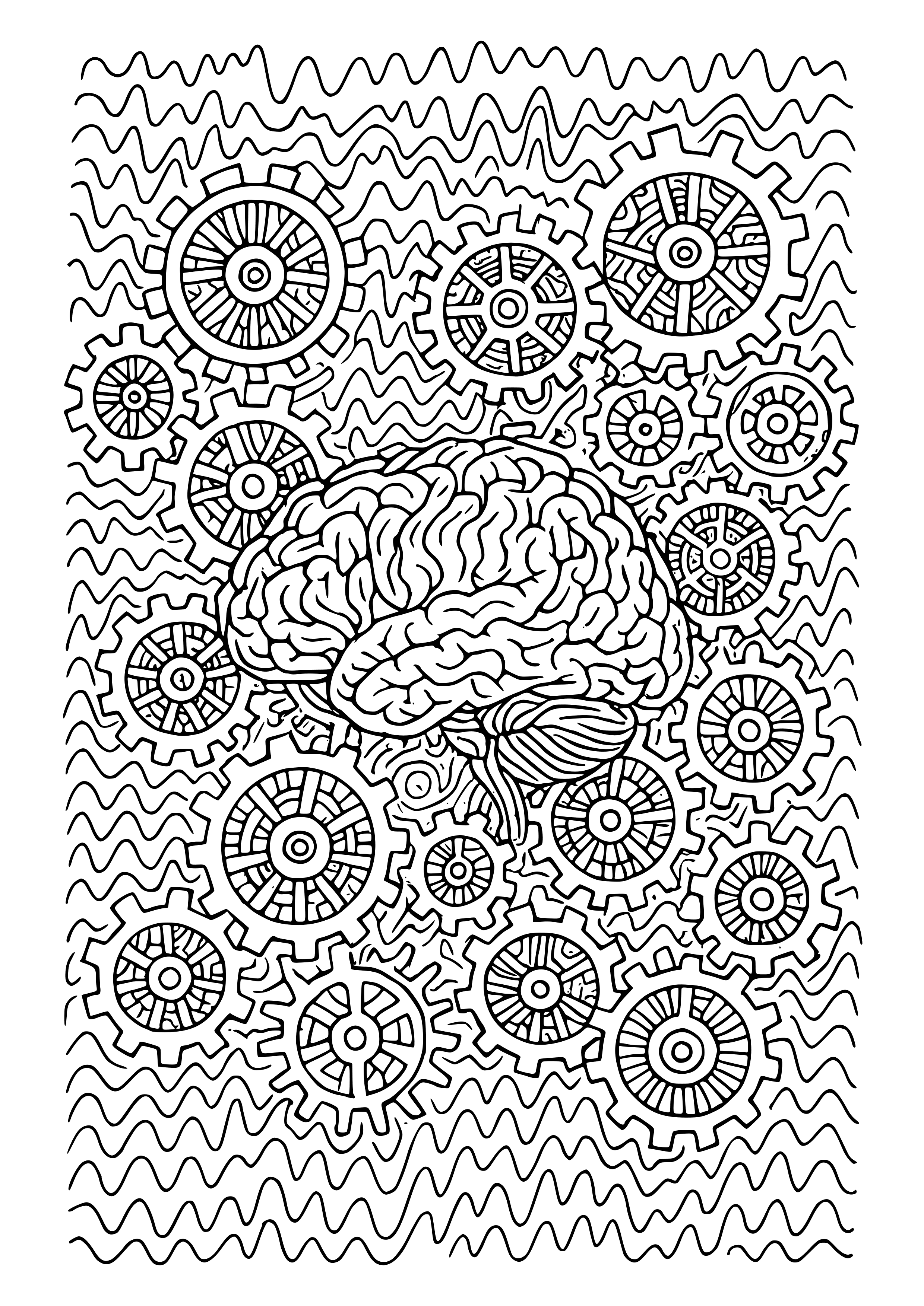 Whimsical Chaos of Gears and Brainwaves Coloring Page