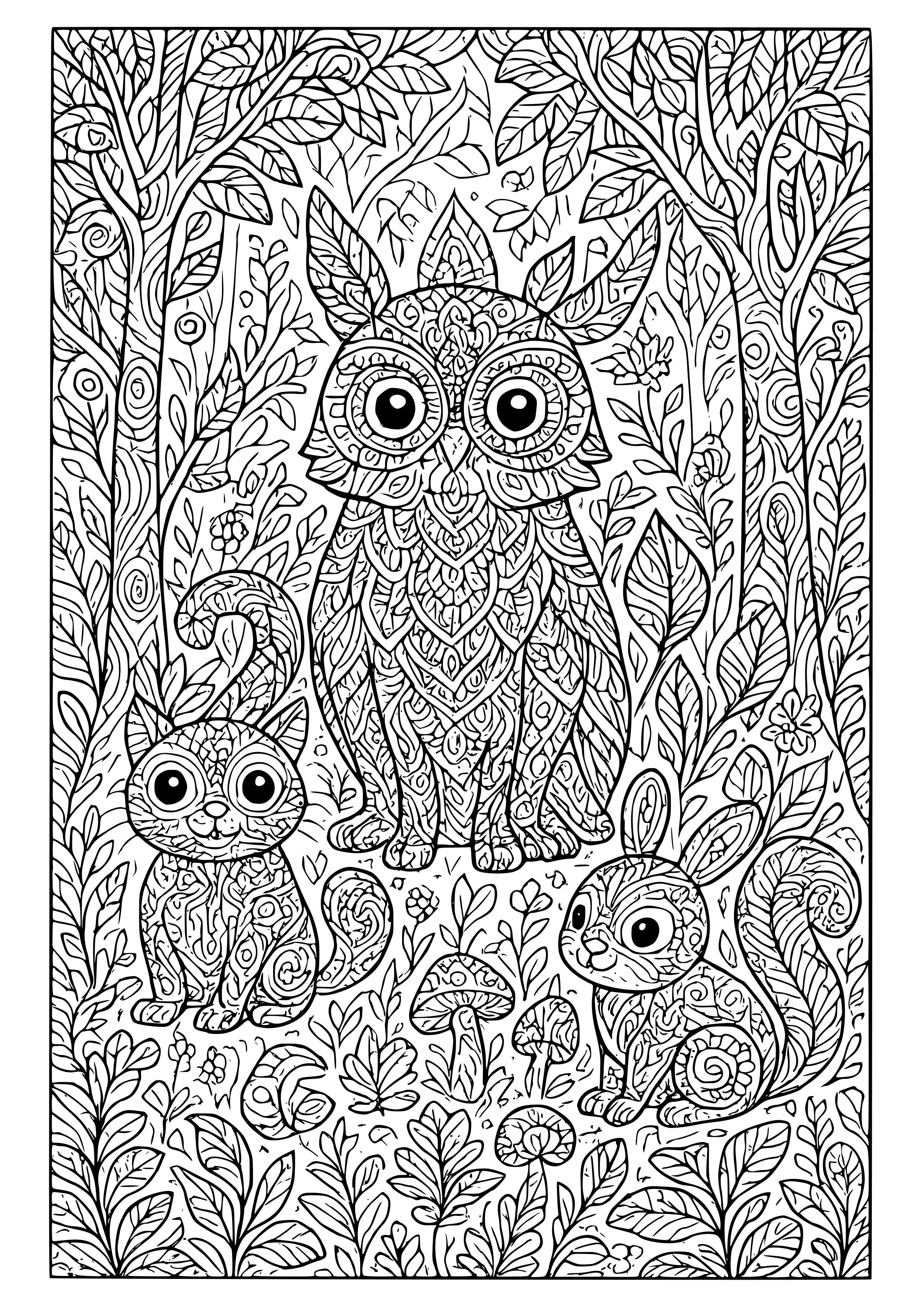Whimsical Creatures in a Fantasy Forest Coloring Page