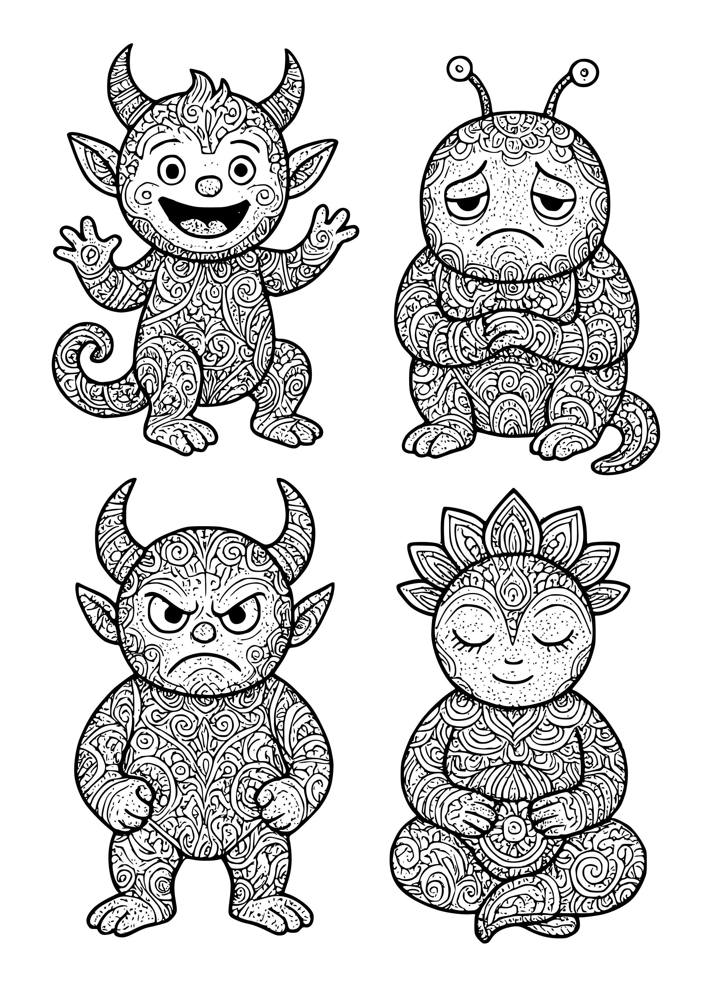 Whimsical Creatures Representing Varying Emotions Coloring Page