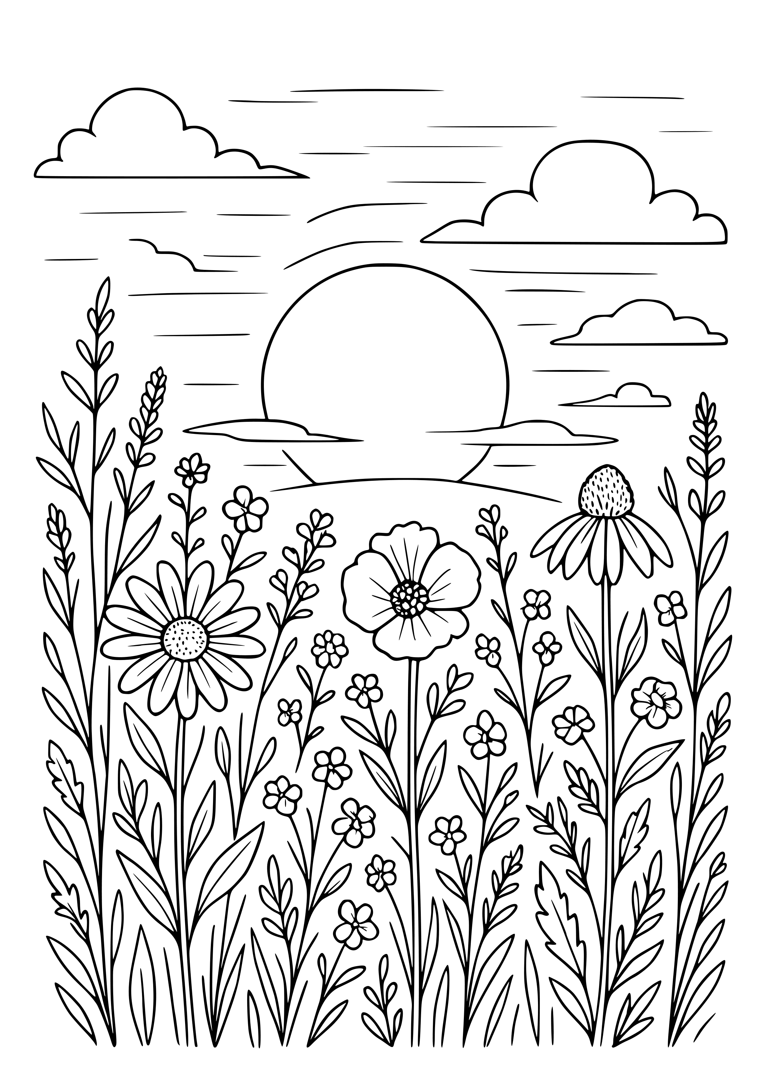 Wildflowers with a Setting Sun Coloring Page