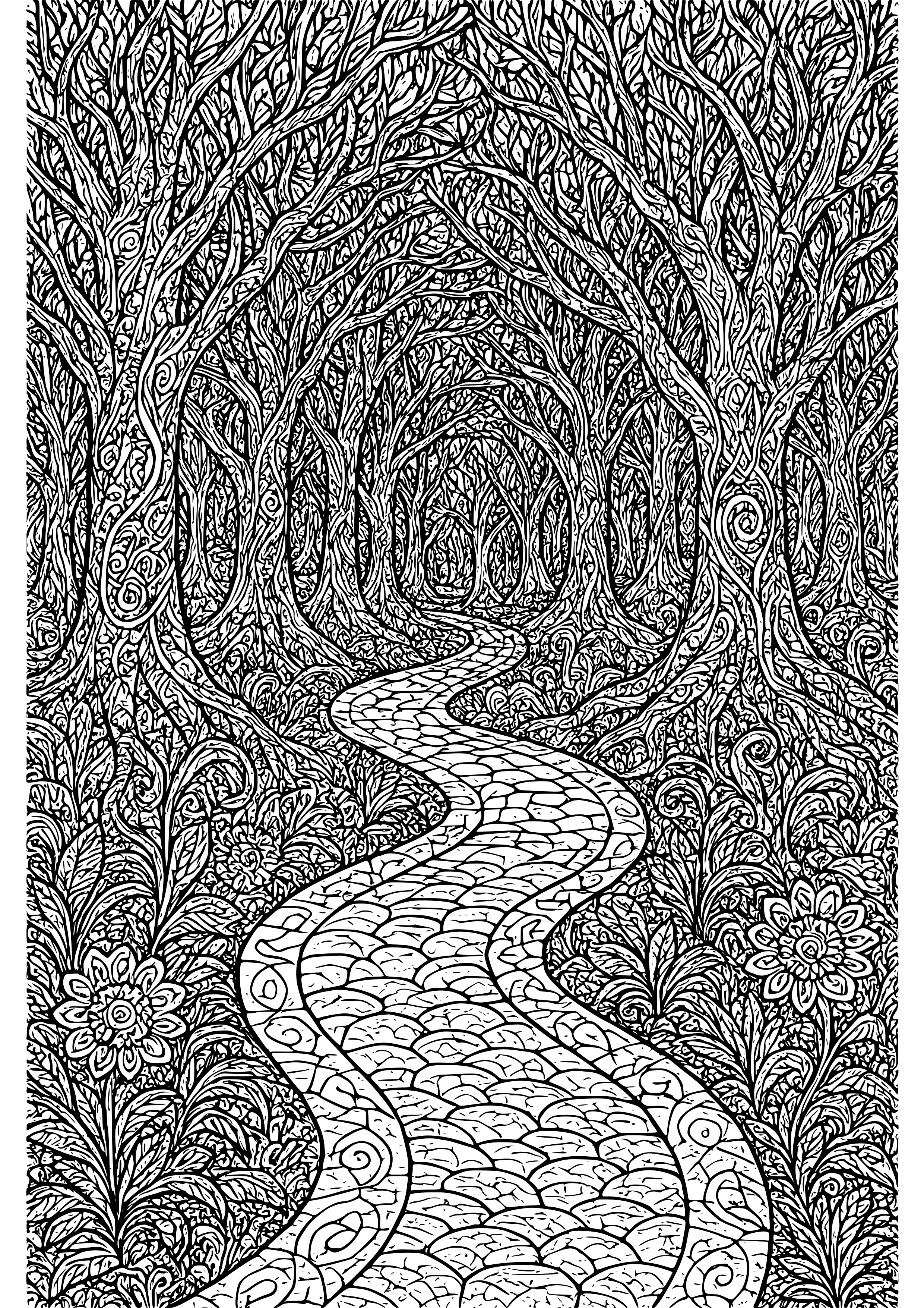 Winding Path Through a Dark Enchanted Woods Coloring Page