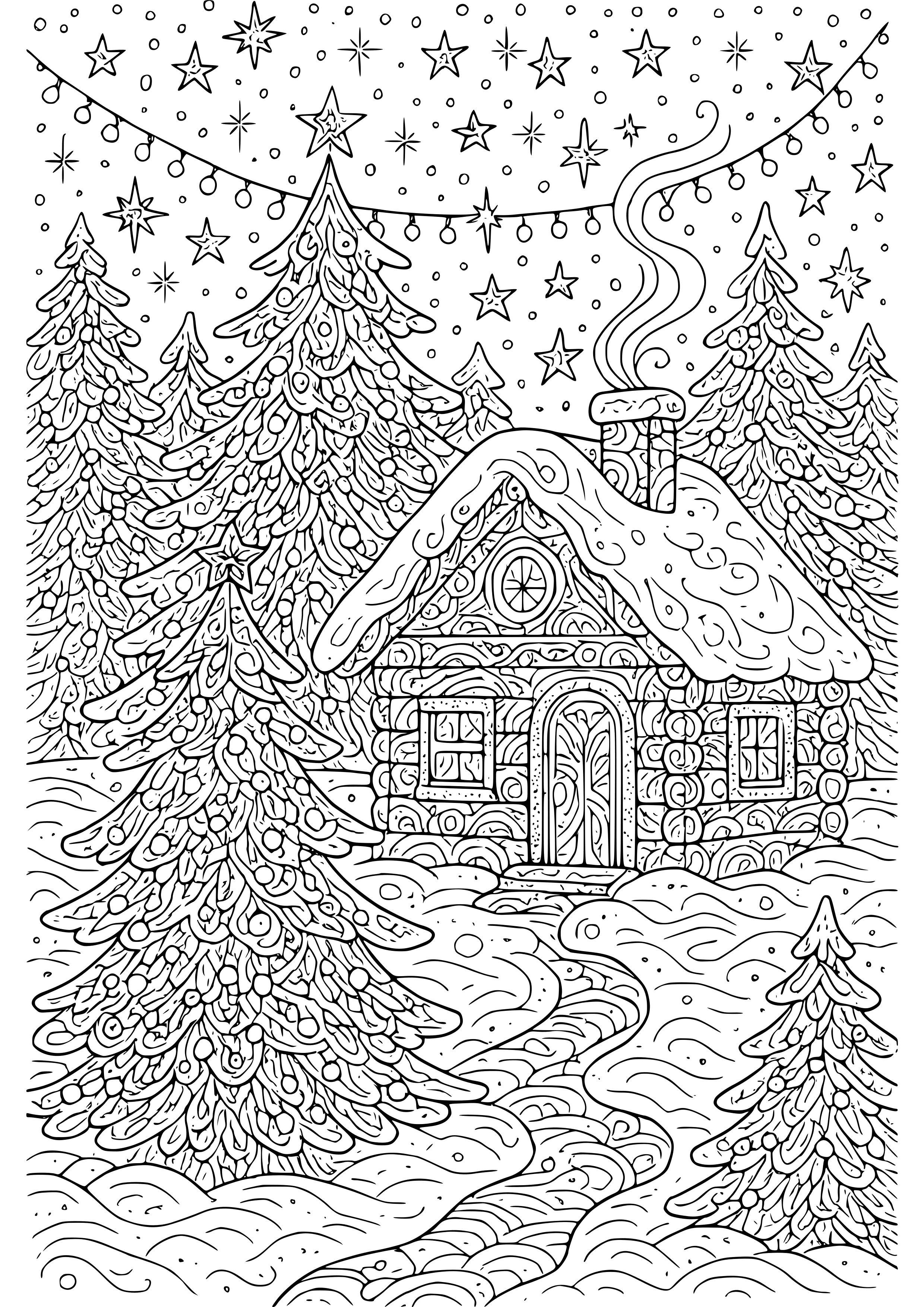 Winter Scene with Twinkling Lights Coloring Page
