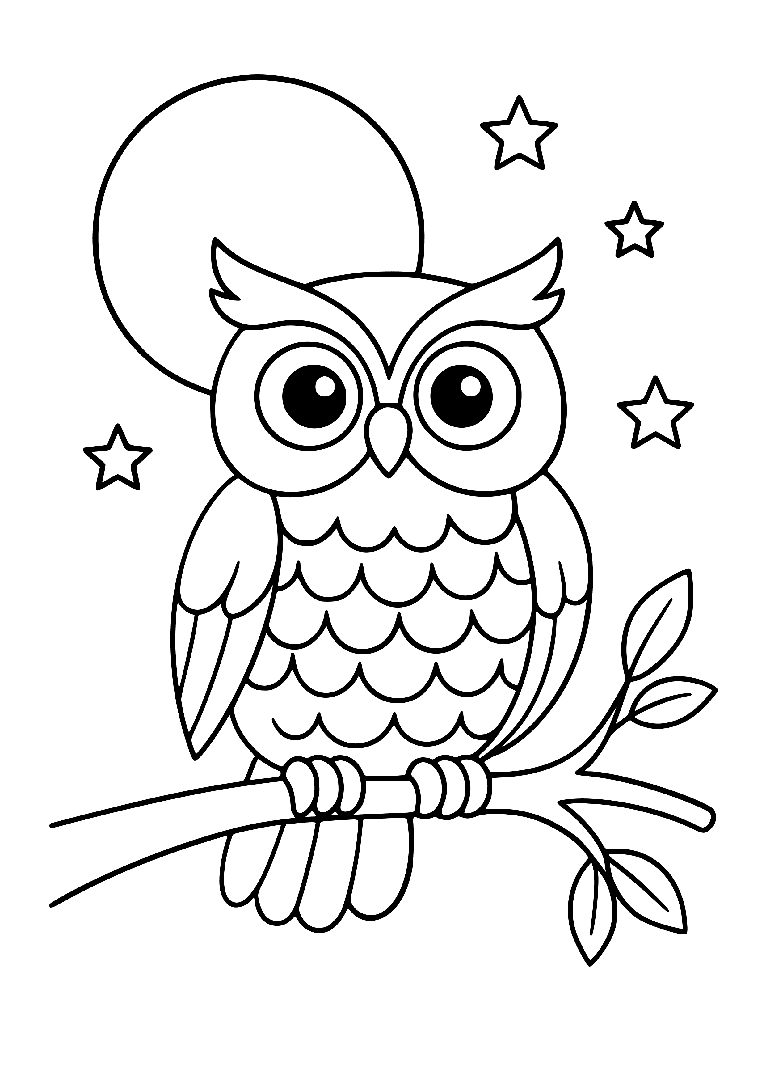 Wise Owl Sitting on a Branch Under the Moon Coloring Page