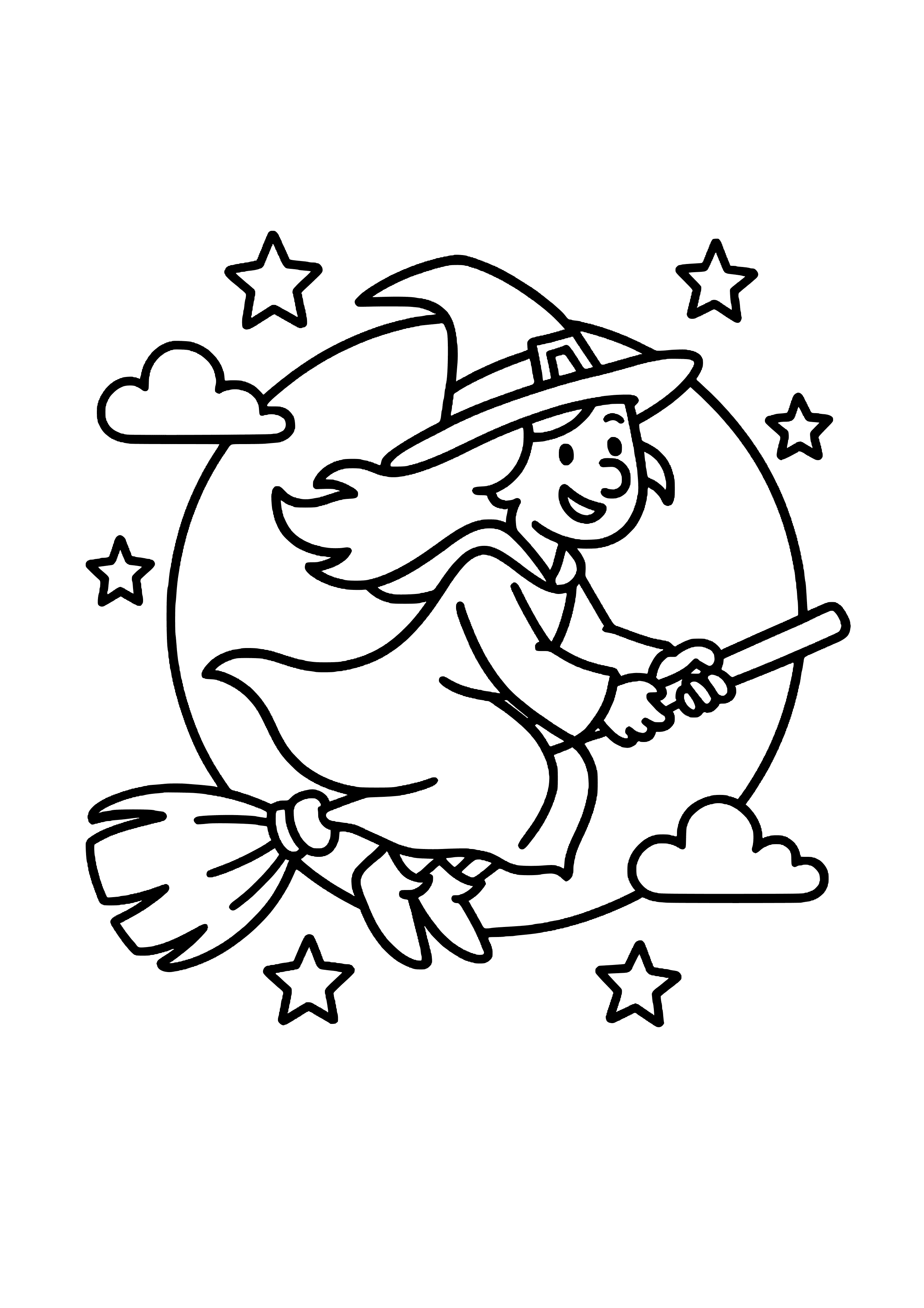 Witch Flying on a Broomstick Over a Full Moon Coloring Page