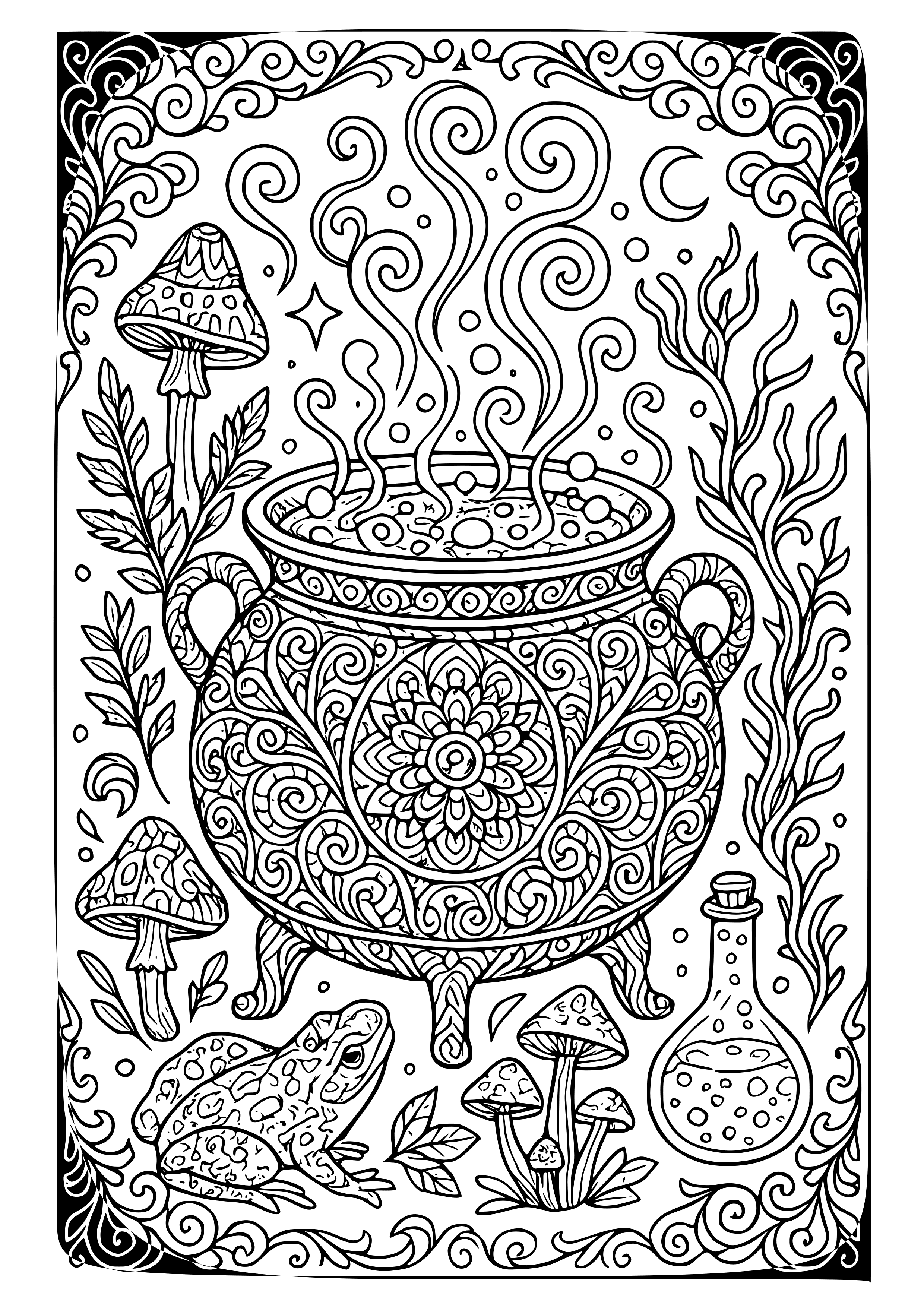 Witch's Cauldron Bubbling with Magical Ingredients Coloring Page