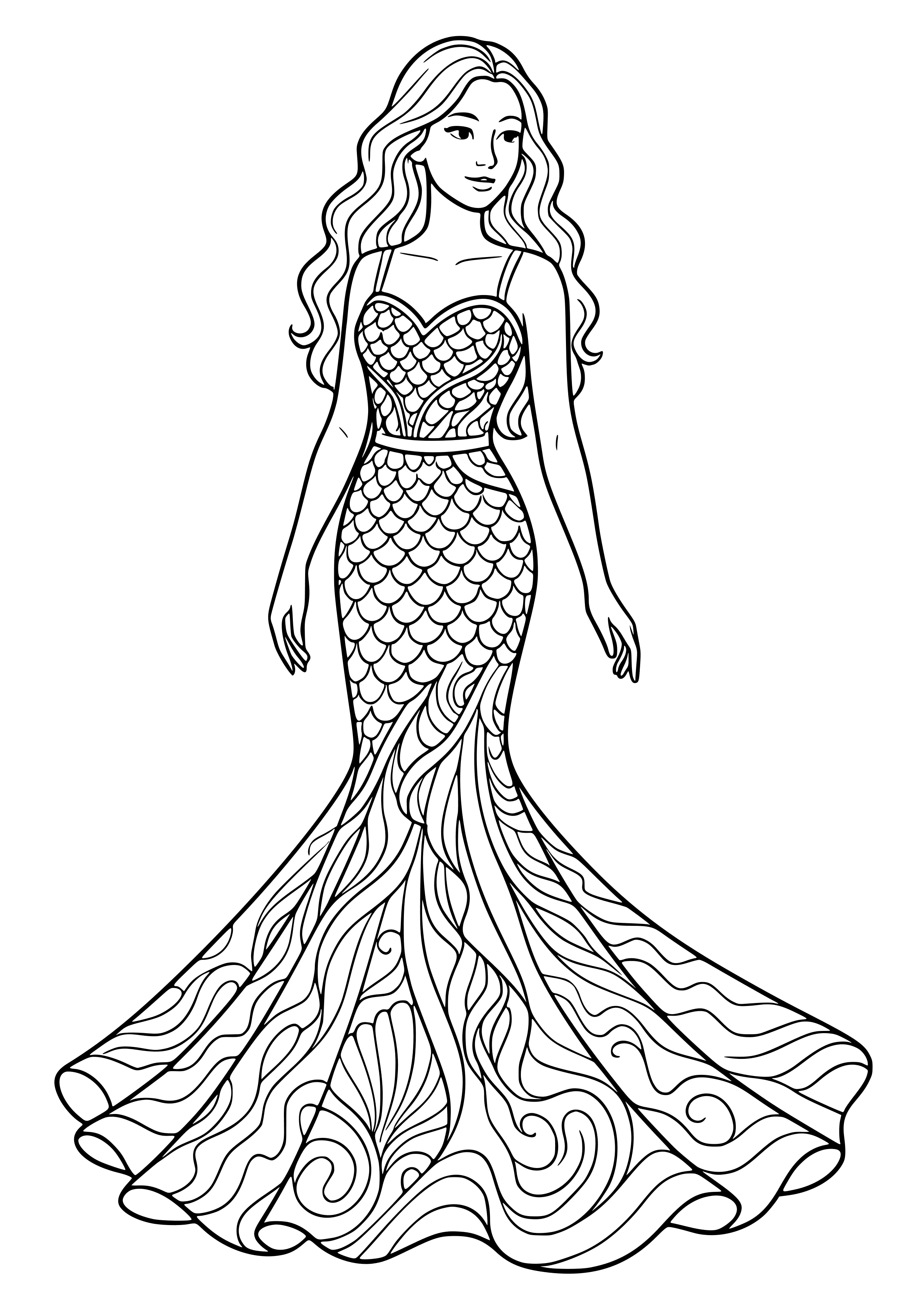 Woman in a Flowing Mermaid Dress Coloring Page