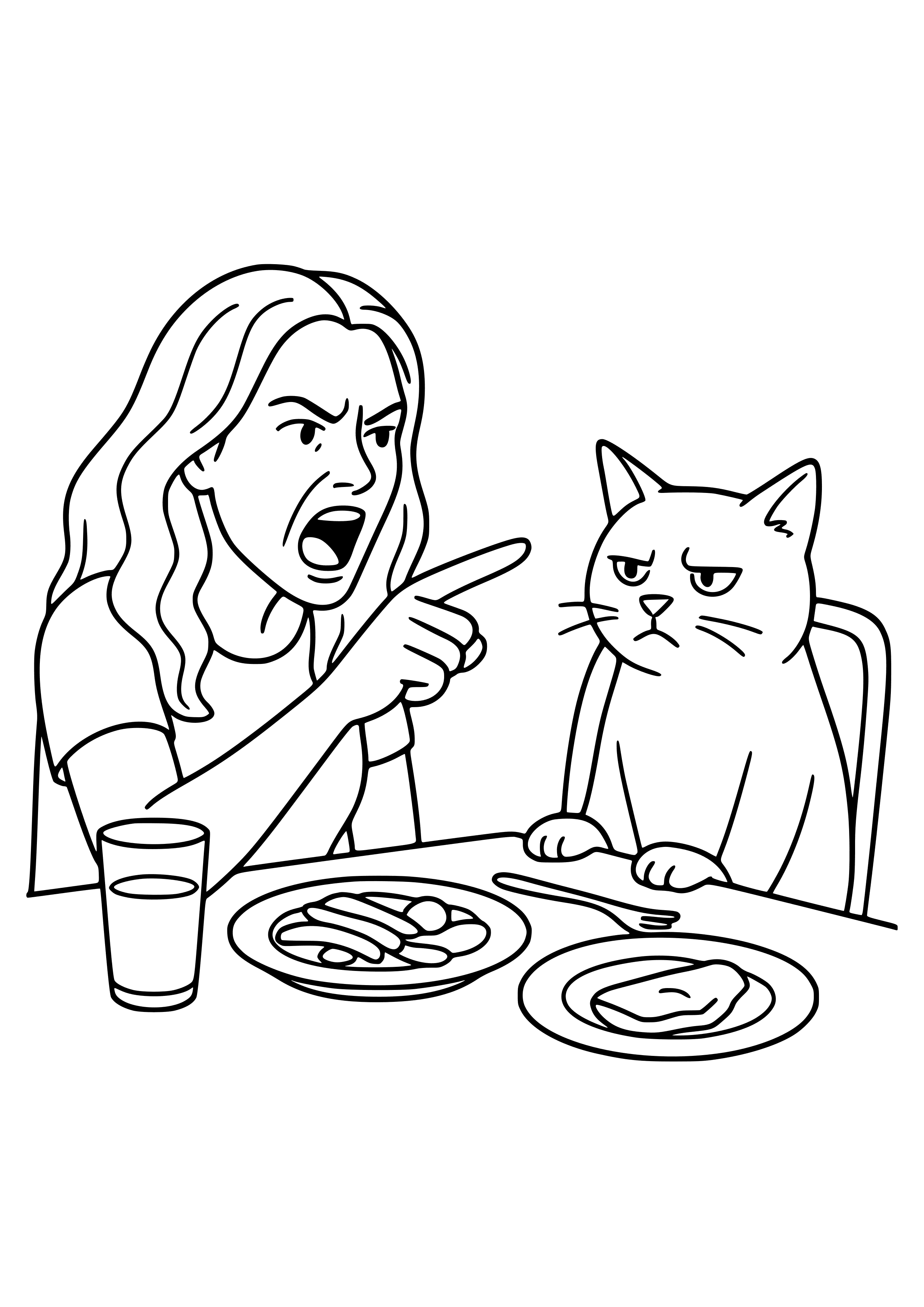 Woman Yelling at a Cat at a Dinner Table Coloring Page