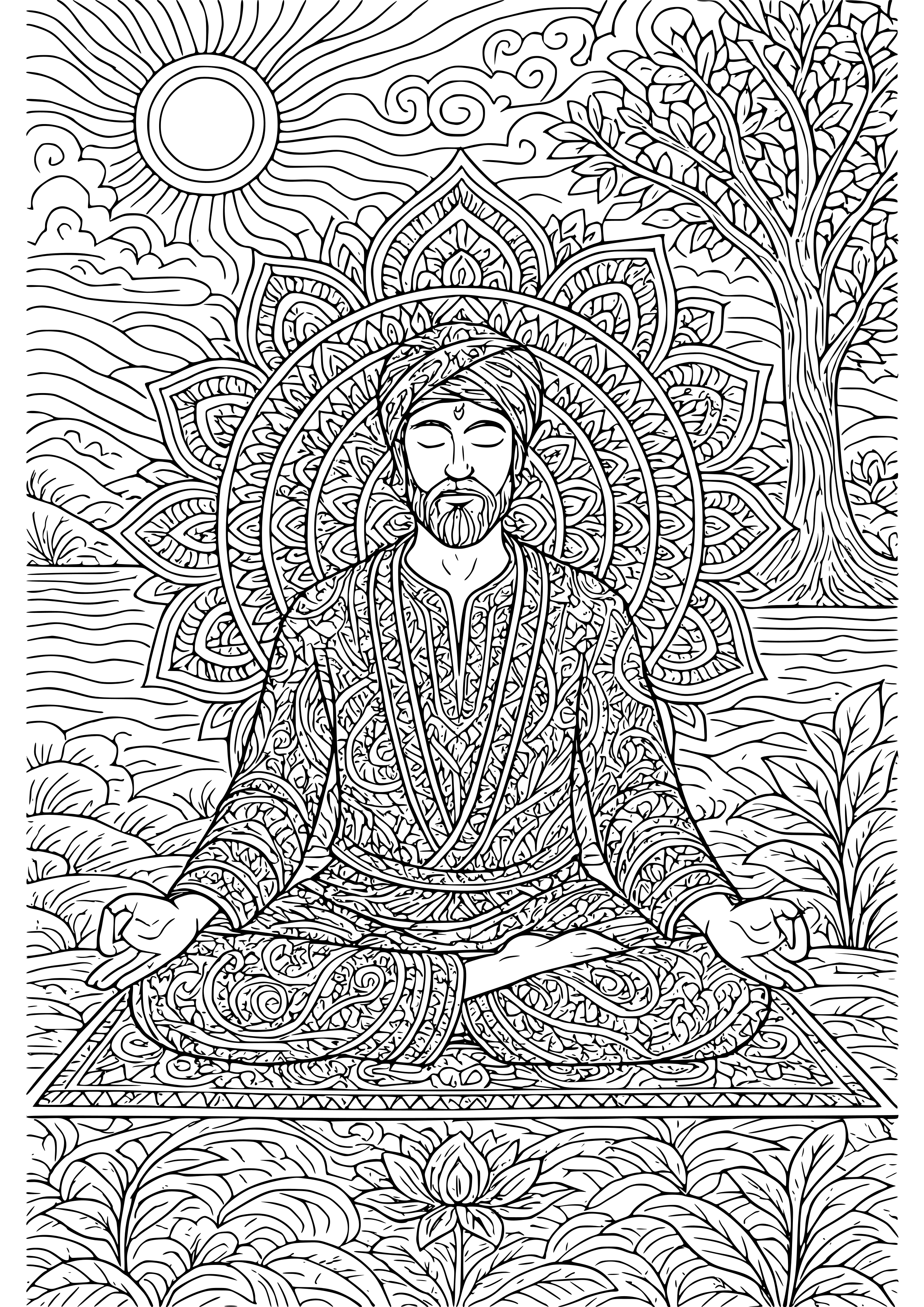 Yogi Meditating in a Tranquil Setting Coloring Page