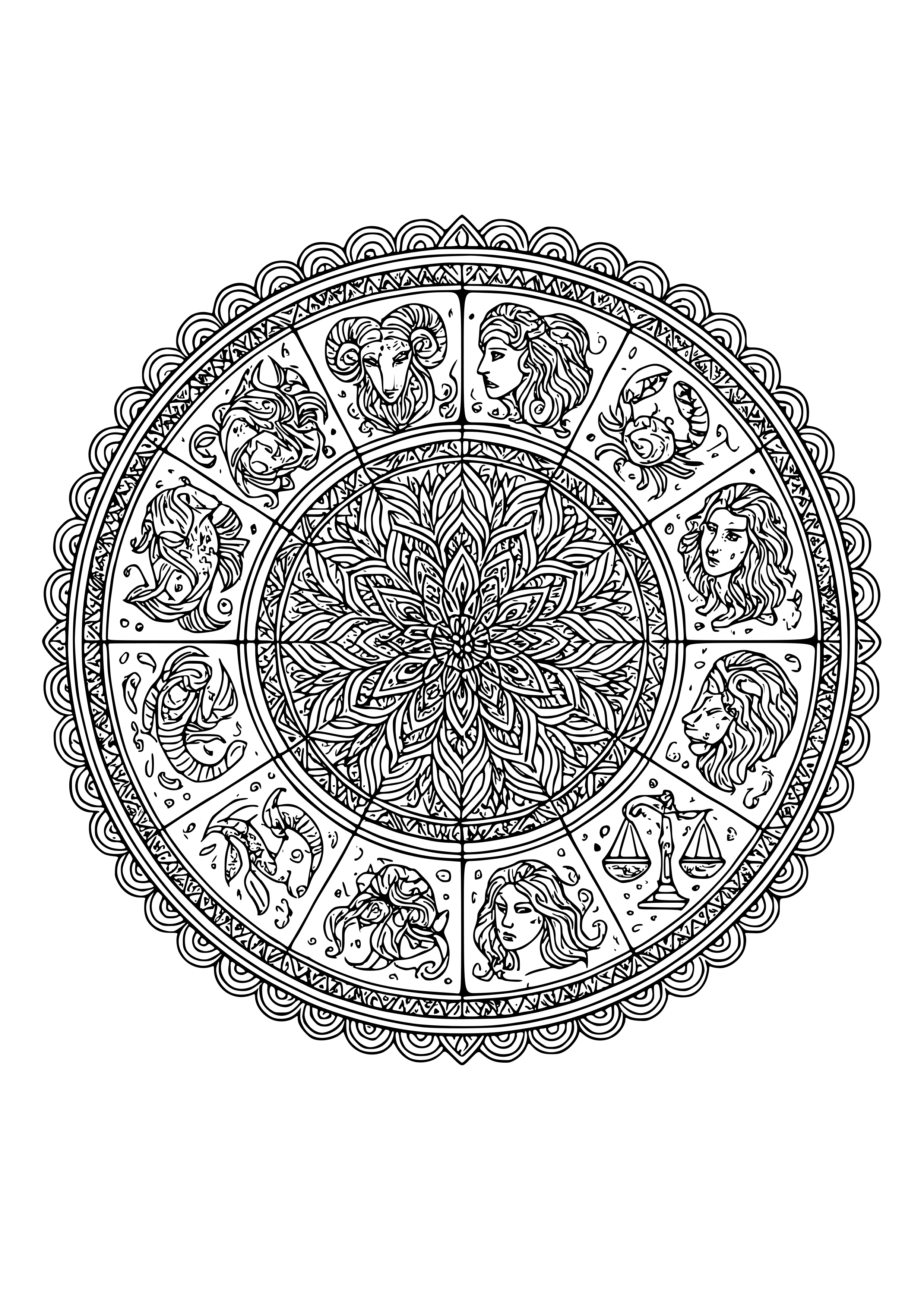Zodiac Wheel with Astrological Signs Coloring Page